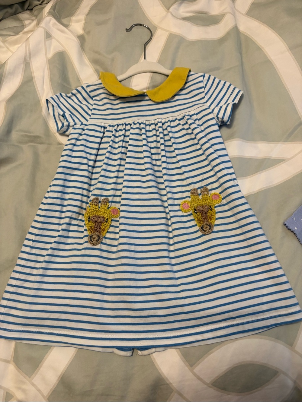 Mini Boden Blue and White Striped Dress with Yellow Collar and Giraffe AppliquΓ©s